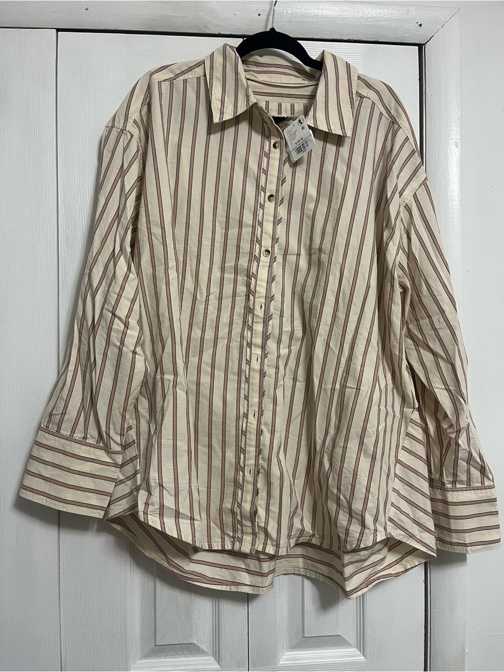 Free People Varsity Vibes Cream and Brown Striped Button-Down Shirt